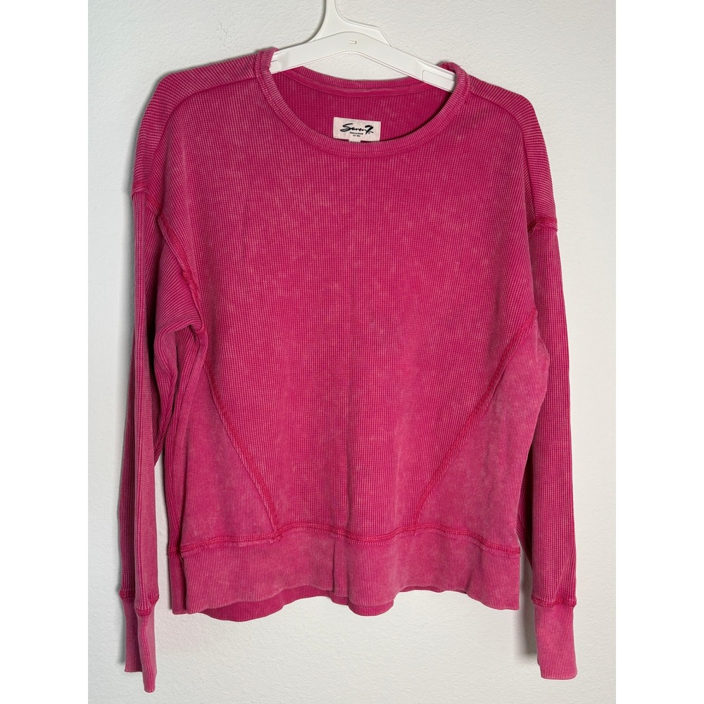 Seven7 Womens Pink Acid Wash Waffle Knit Thermal Top Size Medium Thumbholes